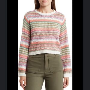 NWT Lush Stripe Pointelle Crop Sweater in Ivory Multi